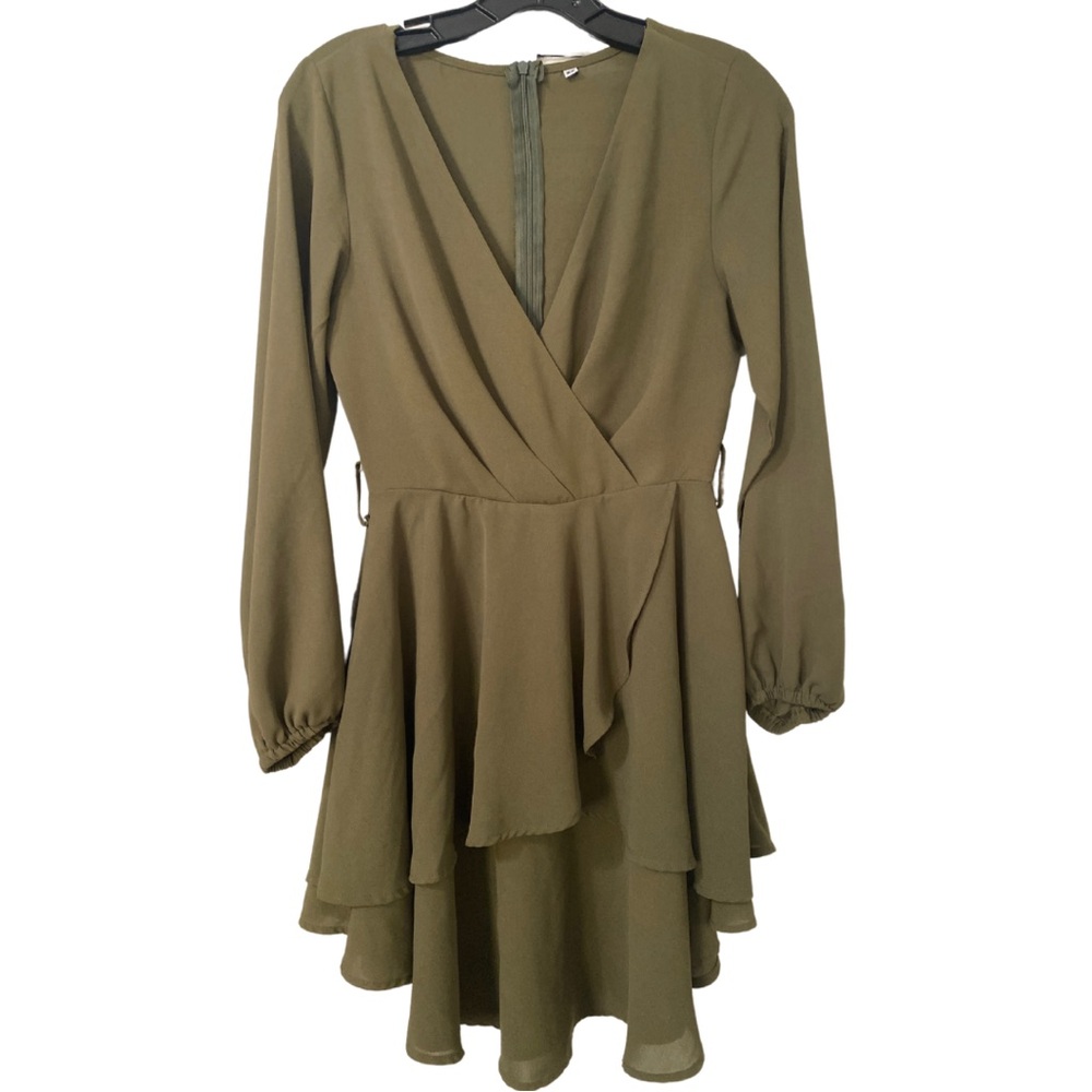 Green Tiered Wrap Dress with Bishop Sleeves